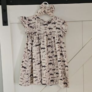 Cowkid Clothing CompanyCream Girls' Horse-Print Cotton Dress with Ruffle Sleeves